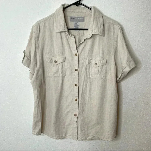 Sag Harbor Womens Short Sleeve Button Up Shirt Size XL Beige Linen Blend - Picture 1 of 5
